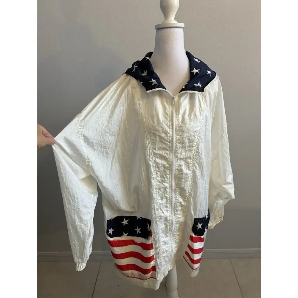 VTG 80s USA Flag Jacket Converts To Backpack Parachute Americana Stars Stripes L